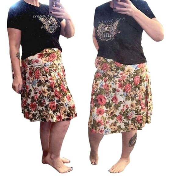 VTG 90s Colorful Floral High Waist Pull On Pleated Midi Skirt *fits like Med - Picture 4 of 16